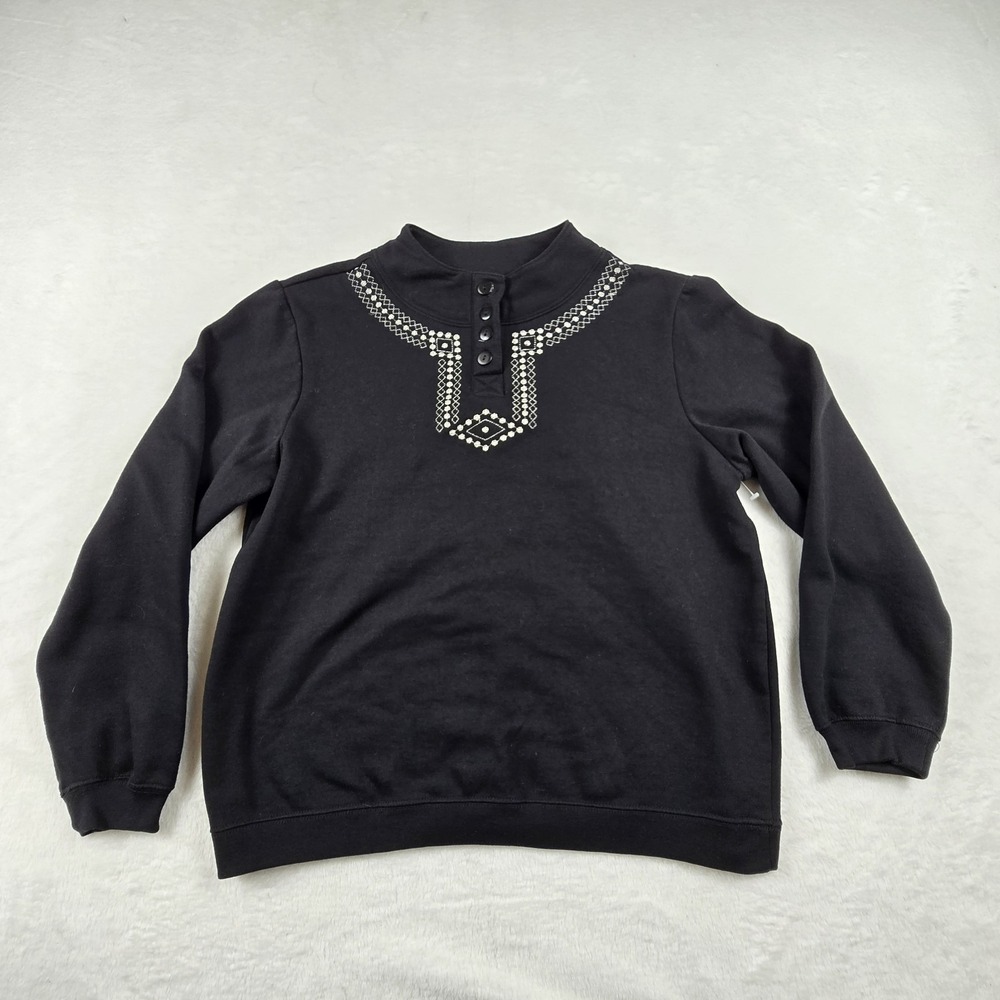 Blair Womens Black Embroidered Henley Mock Neck Sweatshirt Medium Petite MP